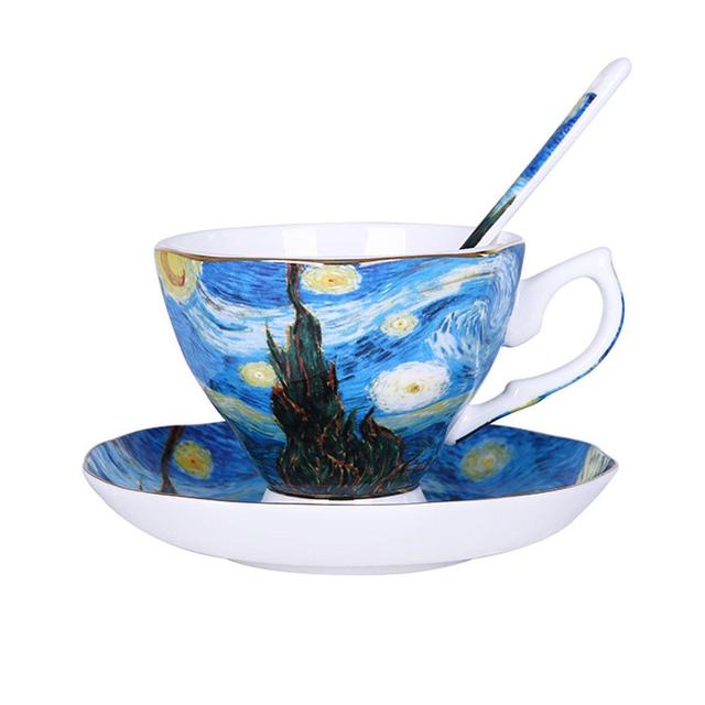 Vincent Van Gogh Bone China Tea Cup and Saucer Set With Gift Box, "The Starry Night" Art Coffee Mugs Set