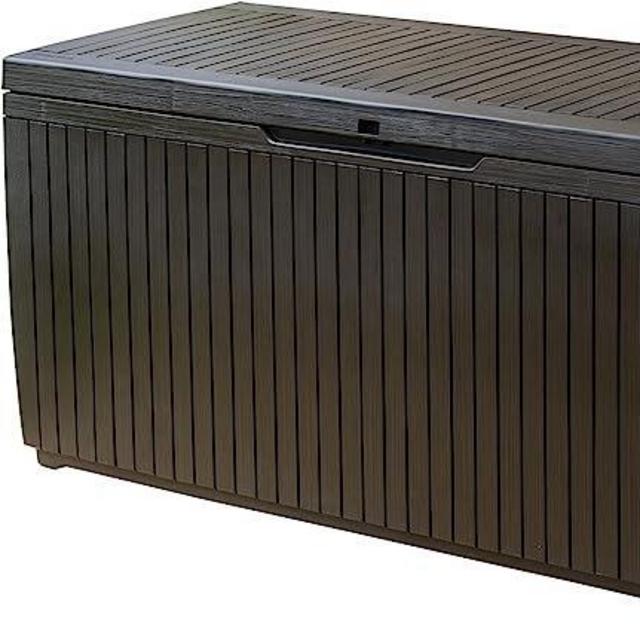 Keter Springwood 80 Gallon Resin Outdoor Storage Box for Patio Furniture Cushions, Pool Toys, and Garden Tools with Handles