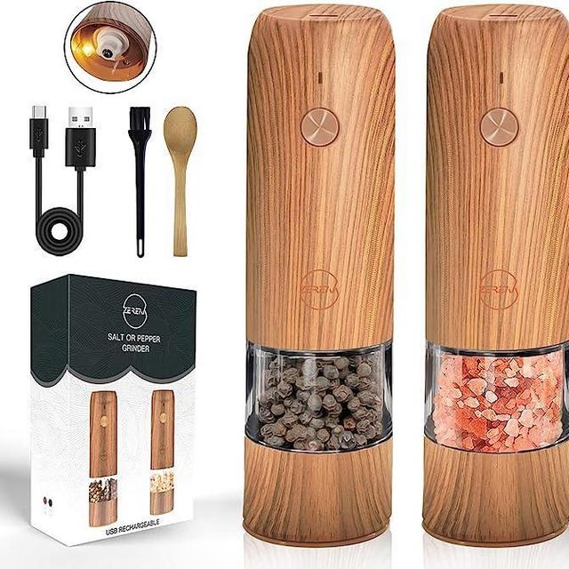 USB Rechargeable Electric Salt and Pepper Grinder Set - LED Lights,  Automatic Black Wood Pepper and Salt Mill Grinder Set Refillable,  Adjustable Coarseness, One Hand Operation,1PC, Black 