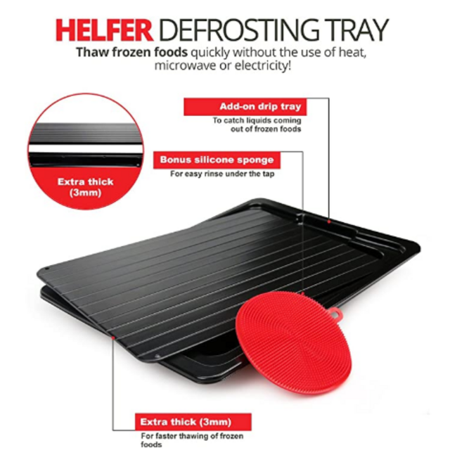 HelferX Defrosting Tray | Thawing Plate for fast defrosting of frozen foods | Premium Quality Defrost Tray | With bonus Drip tray and silicone sponge | Extra Thick (3mm) Non-stick