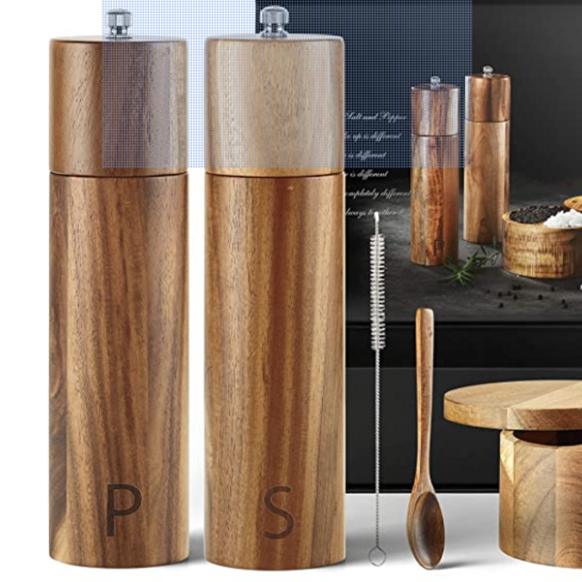 Wooden Salt and Pepper Grinder Set - Premium Set Includes Salt and Pepper Mill, Salt and Pepper Box with Swivel Lid, Spoon & Cleaner Tool - Perfect Salt and Pepper Shakers Gift (8 inch)