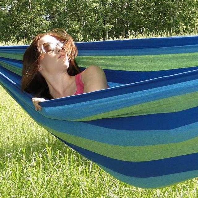 Hammock Sky(R) Brazilian Hammock - Two Person Double for Backyard, Porch, Outdoor or Indoor Use - Portable for Camping - Soft Woven Cotton Bed for Supreme Comfort (Green & Blue Stripes)