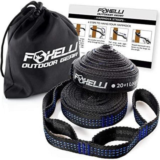 Foxelli Hammock Straps XL – Camping Hammock Tree Straps Set (2 Straps & Carrying Bag), 20 ft Long Combined, 40+2 Loops, 2000 LBS No-Stretch Heavy Duty Straps for Hammock, Compact & Easy to Set Up