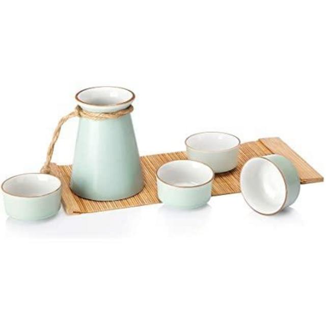 Opps Ceramic Rope Design Sake Set with Bamboo Mat (Light Green)