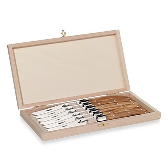 Laguiole 6-Piece Steak Knife Set with Olive Wood Handles and Wood Claps Storage Box