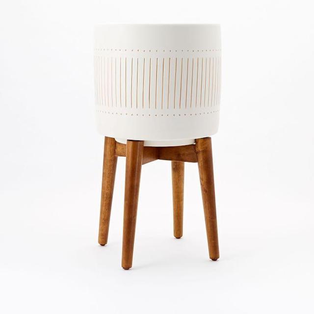 Mid-Century Turned Wood Leg Planters - Tall in white/gold