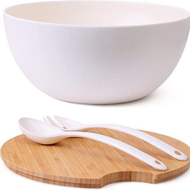 Clean Dezign 11.5" Large Salad and Serving Bowl with Bamboo Wood Lid and Servers Set - Bamboo Fiber Mixing Bowl and Utensils with Wooden Cutting Board Top (Large, Natural White)