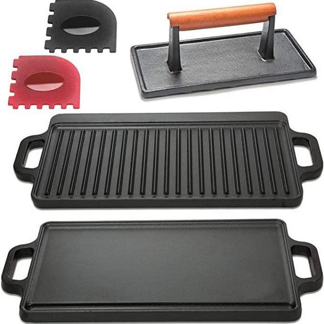 Cast Iron Stove Top Griddle Set & Griddle Accessories, Grill Pan, Includes Reversible Cast Iron Griddle, Stove Top Griddle Press, and Grill Pan Scrapers, Grill Plate measure 17 x 9 inch, Black