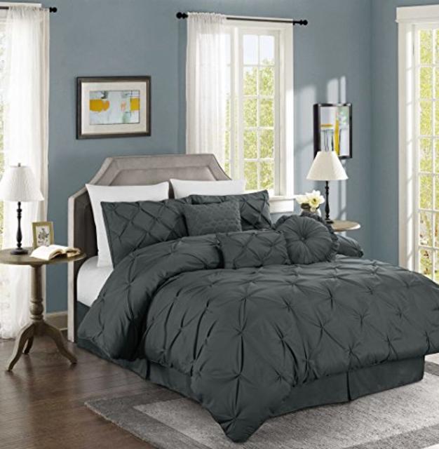 Chezmoi Collection Sydney 7-piece Pintuck Duvet Cover Set (Queen, Charcoal)