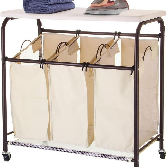 Ollieroo Classic Rolling Laundry Sorter Cart Heavy Duty 3 Bags Laundry Hamper Sorter with Ironing Board (Beige)