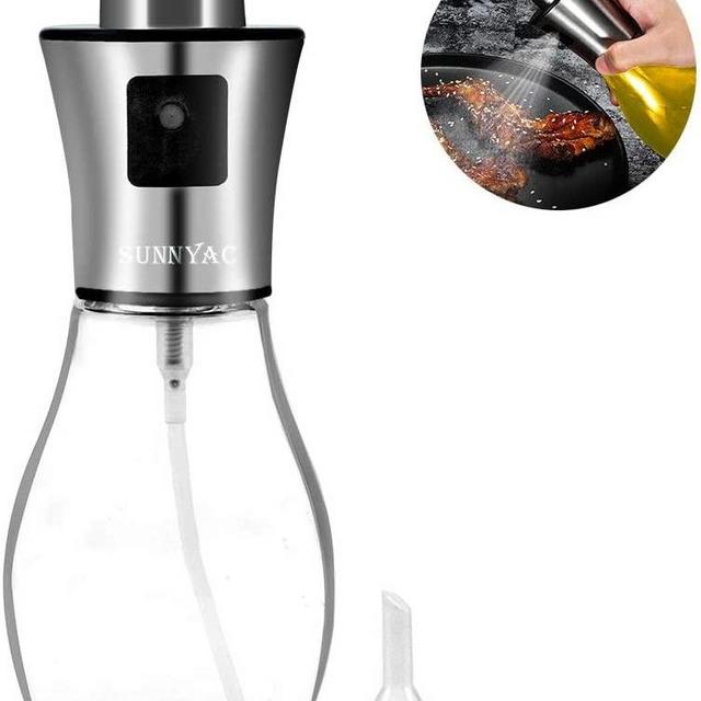 Sunnyac Olive Oil Sprayer for Cooking, Refillable Stainless Steel Oil Dispenser with Mini Funnel, Vinegar Glass Spray Bottle for BBQ, Salad, Baking, Grilling, Roasting and Frying