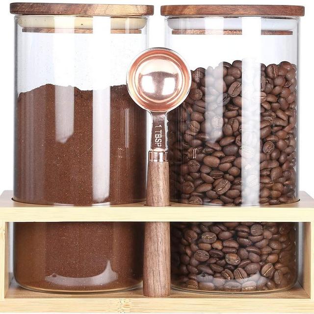KKC Home Accents Borosilicate Glass Jars with Wood Lids, Tea Container for Loose Tea,Clear Kitchen Storage Jar for Coffee Bean,Nut,Sealed Airtight Glass Container Wooden Lid,39 Floz,Pack of 2