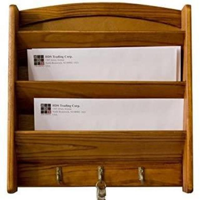 Home Basics Mail Organizer Wall Mount with Key Rack Hooks, Letter Holder For Office, Kitchen, Entryway, Pine