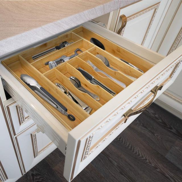 Bamboo Kitchen Drawer Organizer - Expandable Silverware Organizer/Utensil Holder and Cutlery Tray with Grooved Drawer Dividers for Flatware and Kitchen Utensils (9 Slots, Natural)