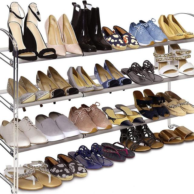 Seville Classics 3-Tier Expandable 24-Pair Shoe Rack Non-Slip Metal Freestanding Closet, Entryway, Bedroom Footwear Organizer, Chrome Poles