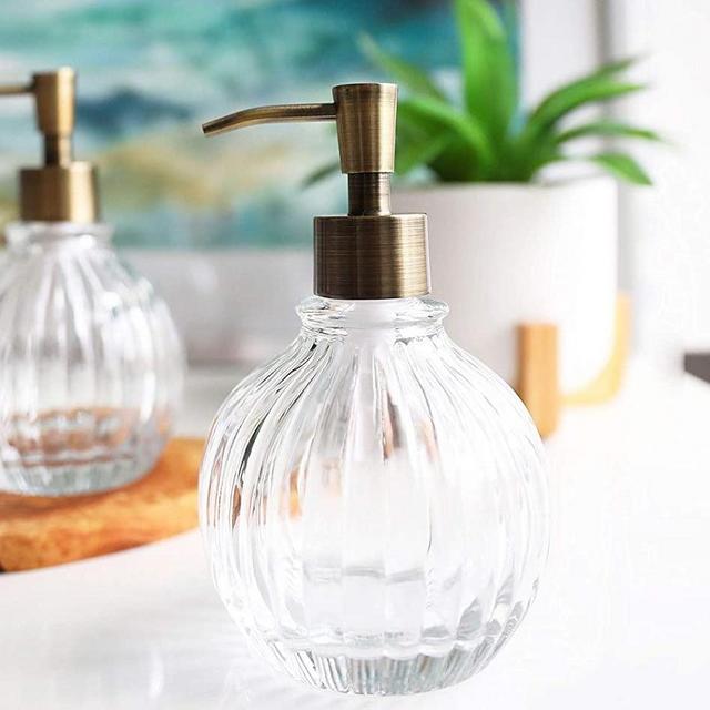 Greyson Globe Glass Soap Dispenser with Metal Pump - Refillable Liquid Hand Soap Dispenser for Bathroom and Kitchen Soap Dispenser (Brass)