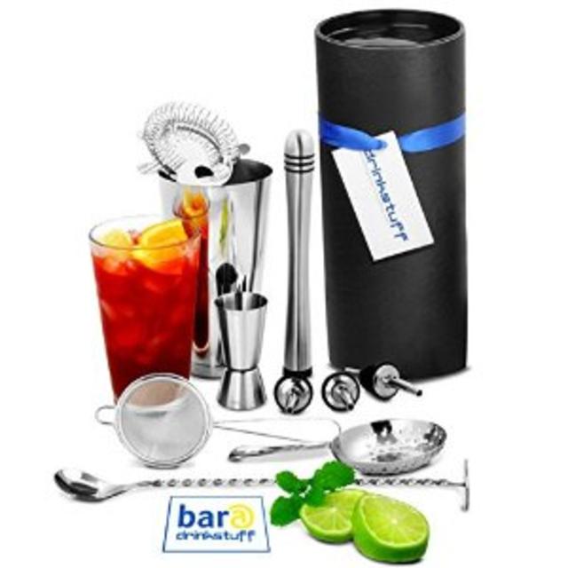 Barman's Barware Kit by bar@drinkstuff | Cocktail Gift Set with Boston Cocktail Shaker Tin & Glass, Jigger Measure, Muddler, Twisted Mixing Spoon, Pourers, Hawthorne Cocktail Strainer, Julep Cocktail Strainer & Conical Cocktail Sieve