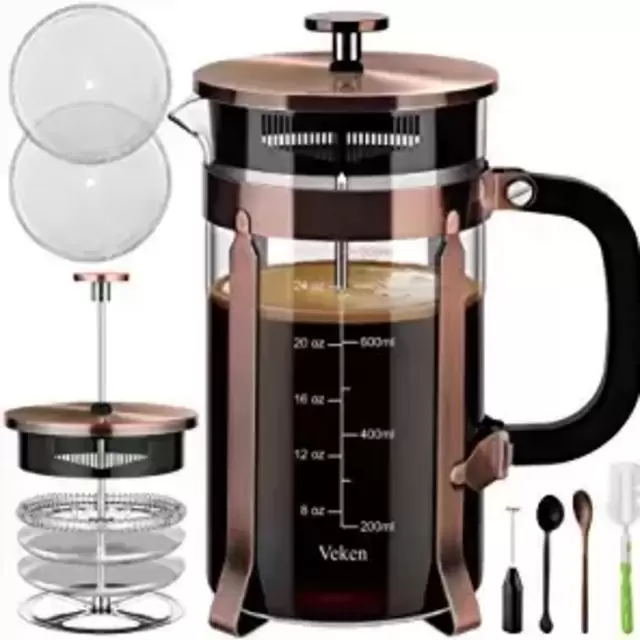 Veken French Press Coffee Maker (34 oz), 304 Stainless Steel Coffee Press with 4 Filter Screens, Durable Easy Clean Heat Resistant Borosilicate Glass - 100% BPA Free, Copper