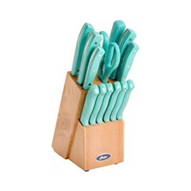 Oster Evansville 14 Piece Cutlery Set, Stainless Steel with Turquoise Handles -