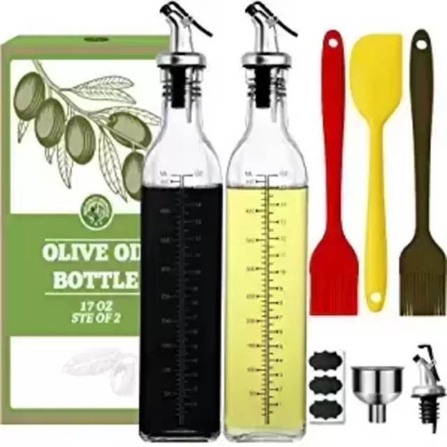 TKS [2 PACK] 17oz Glass Olive Oil Dispenser Bottle - 500ml Clear -Oil & Vinegar Cruet with Silicone Brushes 、Silicone Scraper、 Labels 、Pourers and Funnel - Olive Oil Carafe Decanter for Kitchen（Lead-Free）