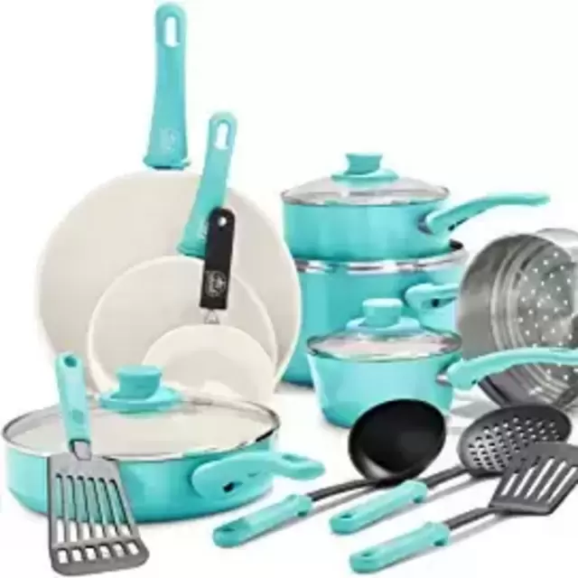 GreenLife Soft Grip Healthy Ceramic Nonstick, Cookware Pots and Pans Set, 16 Piece, Turquoise