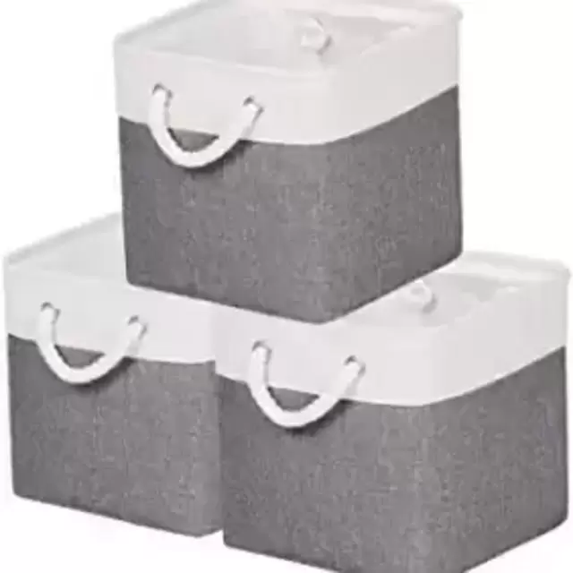 JouYooQ Baskets-3Pack Cube Storage Baskets Organizing Foldable Fabric Durable Rope Handles Closet Boxes Cloth Linen Toys Cloth Storage Bins Cubes Organizer