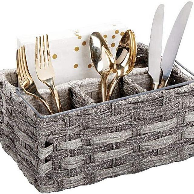 mDesign Plastic Woven Cutlery Storage Organizer Caddy Tote Bin Basket for Kitchen Table, Cabinet, Pantry - Holds Forks, Knives, Spoons, Napkins, Serving Utensils - Indoor or Outdoor Use - Gray