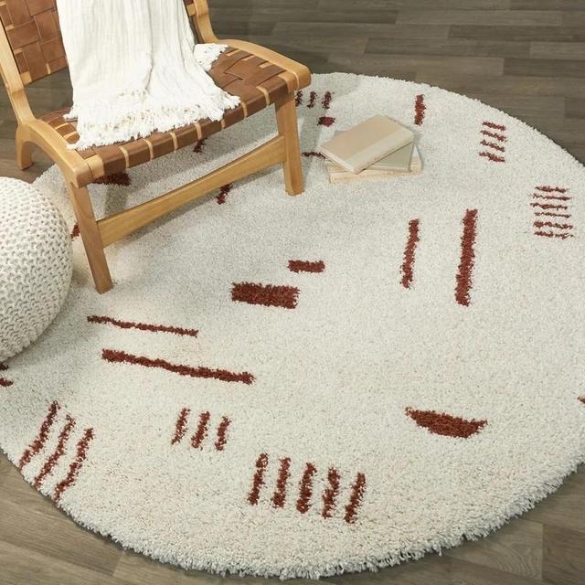Morin Geometric Shag Rug -Ivory/Burnt Orange- Round 5'3