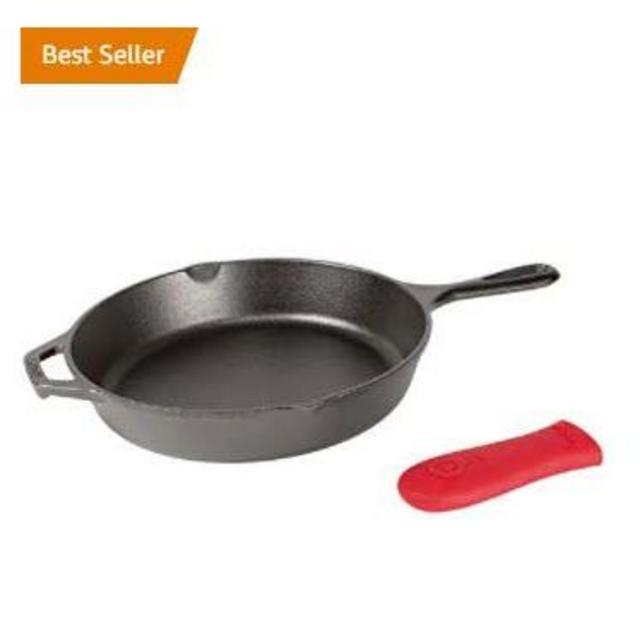 Lodge Cast Iron Skillet, Pre-Seasoned with Silicone Hot Handle Holder , 10.25 Inch Dia, Black/Red Silicone (L8SK3ASHH41B)
