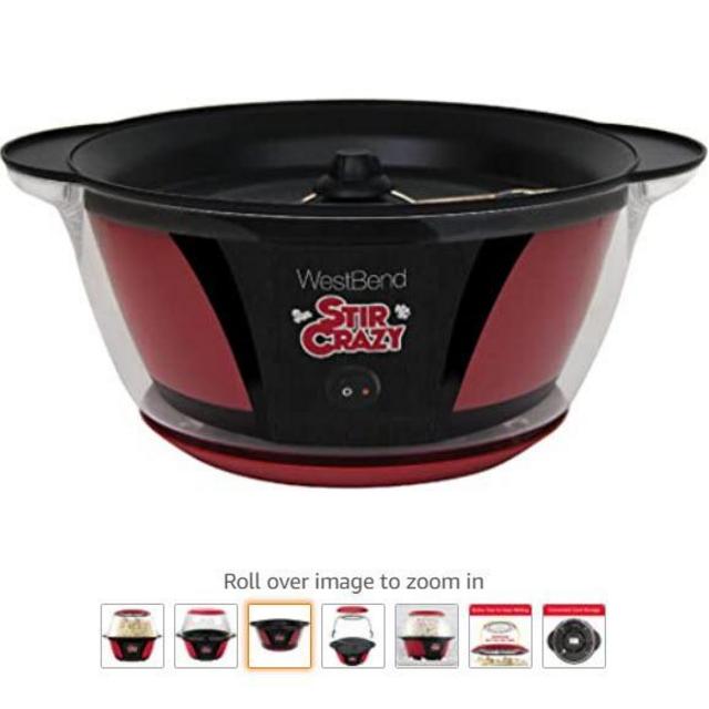West Bend Stir Crazy Electric Hot Oil Popcorn Popper Machine Offers Large Lid for Serving Bowl and Convenient Storage, 6-Quarts, Red