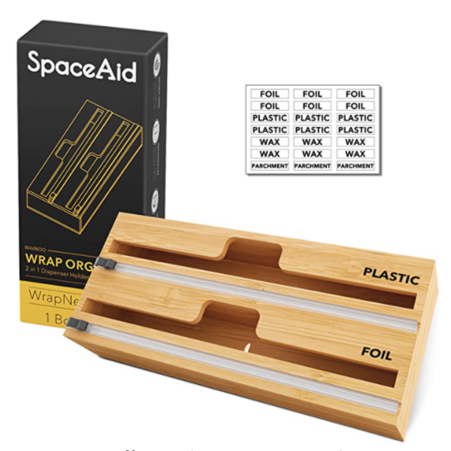 SpaceAid WrapNeat 2 in 1 Wrap Dispenser with Cutter and Labels, Plastic Wrap, Aluminum Foil and Wax Paper Dispenser for Kitchen Drawer, Bamboo Roll Organizer Holder, Compatible with 12" Roll