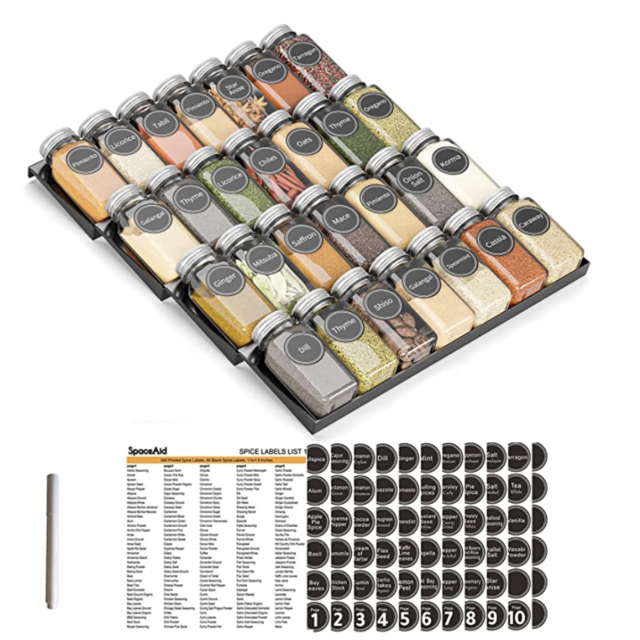 SpaceAid Spice Drawer Organizer with 28 Spice Jars, 386 Spice Labels and Chalk Marker, 4 Tier Seasoning Rack Tray Insert for Kitchen Drawers, 12.8" Wide x 17.5" Deep