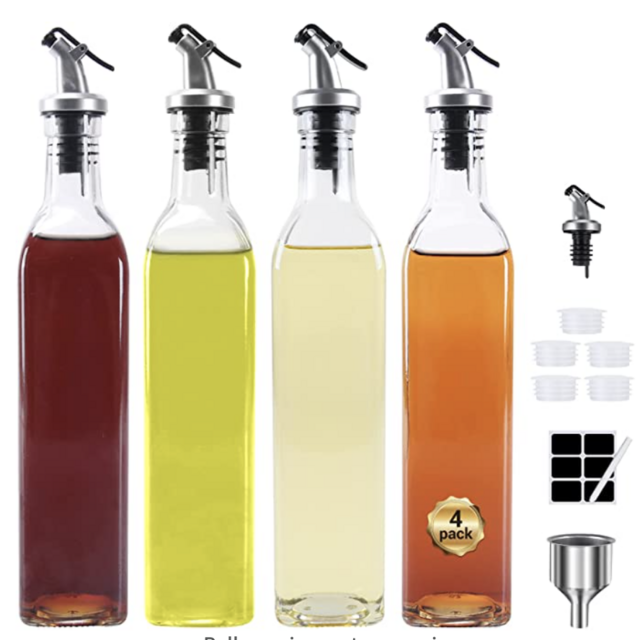 Glass Octopus 17oz Olive Oil Dispenser Bottle for Kitchen, Premium Oil and Vinegar Cruet, Oil and Vinegar Dispenser Set with Pourers, Funnel, Labels, 4 Pack 500ML(Clear)