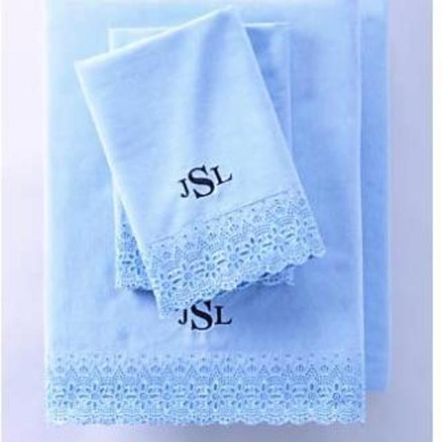 *LandsEnd- Lake Blue Oxford Scallop Embroidered Sheets (Monogram B)