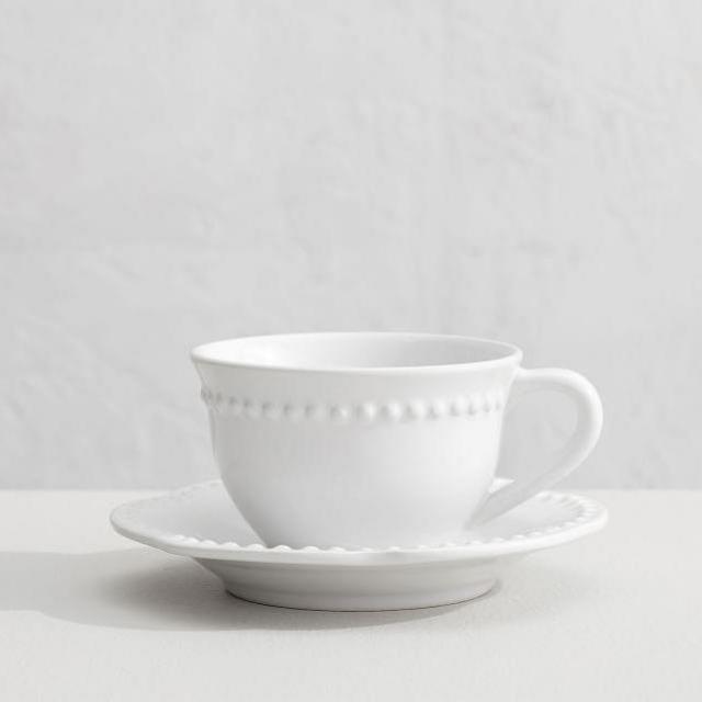 Pottery Barn Set of 4- Stoneware Beaded Cup & Saucer, - True White