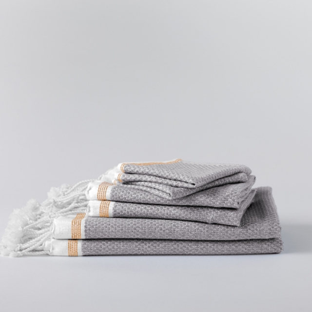 Coyuchi Mediterranean Towels (Guest) Deep Pewter w/ Tangerine Stripe