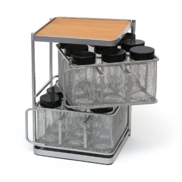 Lipper International 2-Tier Metal and Bamboo 18-Bottle Square Spice Tower, Unfilled, Grey