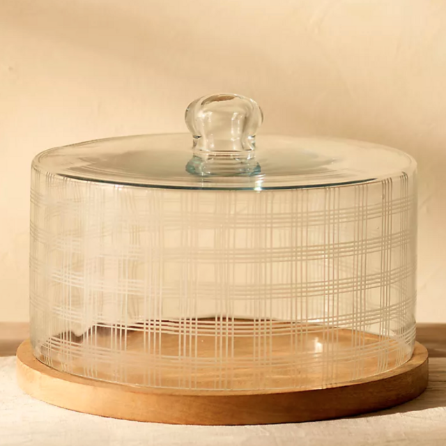 Line Etched Serving Cloche with Wood Base