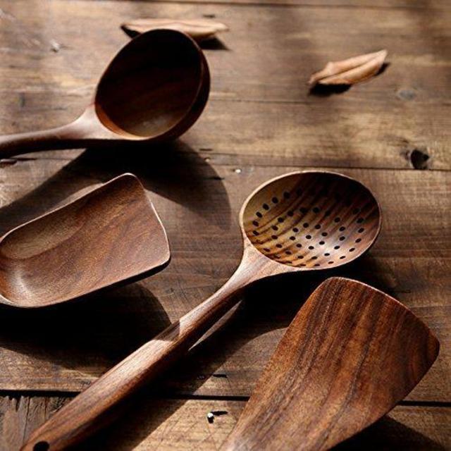 Wooden Cooking Utensils Kitchen Utensil, Natural Teak Wood Kitchen Utensils Set - Nonstick Hard Wooden Spatula and Wooden Spoons (SPOON1)