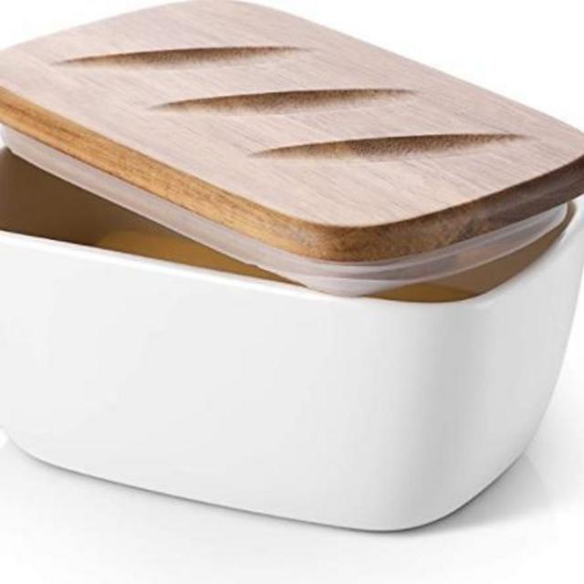 DOWAN Porcelain Butter Dish - Covered Butter Container with Wooden Lid for Countertop, Large Butter Dish with Covers Perfect for East West Coast Butter, White