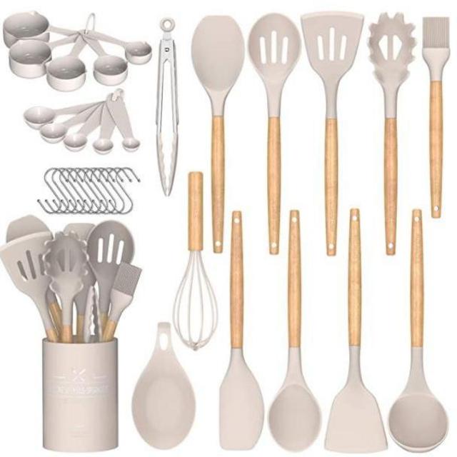 Umite Chef Kitchen Cooking Utensils Set, 24 pcs Non-stick Silicone Cooking Kitchen Utensils Spatula Set with Holder, Wooden Handle Heat Resistant Silicone Kitchen Gadgets Utensil Set (Khaki)