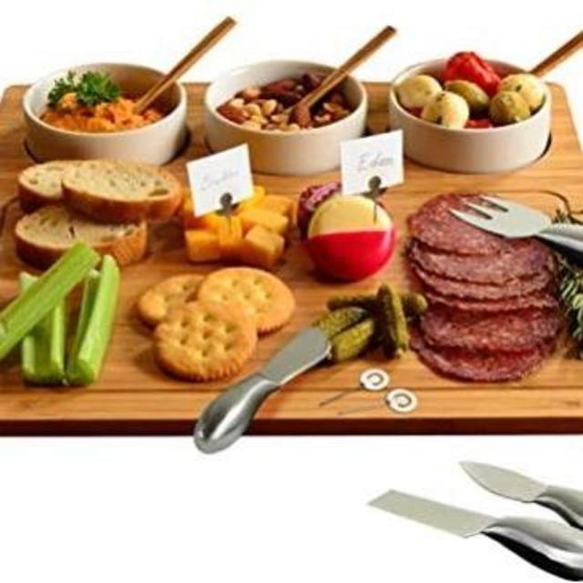 Picnic at Ascot Bamboo Cheese Board/Charcuterie Platter - Includes 3 Ceramic Bowls, Bamboo Spoons, Stainless Steel Cheese Tools, Cheese Markers - Designed and Quality Checked in the USA
