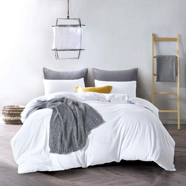 ATsense Duvet Cover Queen, 100% Washed Cotton, Bedding Duvet Cover Set, 3-Piece, Ultra Soft and Easy Care, Simple Style Farmhouse Bedding Set (White 7006-4)