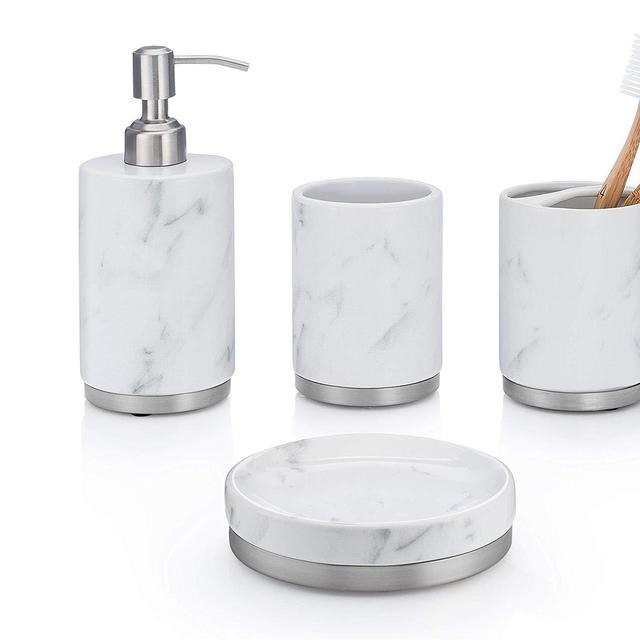 EssentraHome 4-Piece White Ceramic Bathroom Accessory Set with Marble Look, Complete Set Includes: Soap/Lotion Dispenser, Toothbrush Holder, Tumbler, and Soap Dish