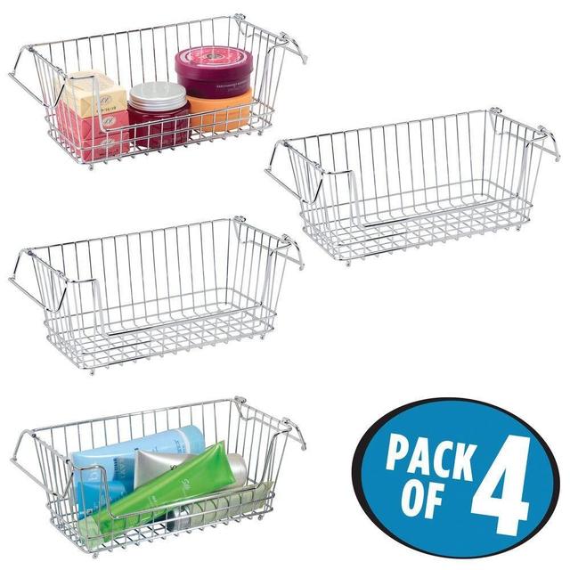 mDesign Farmhouse Wire Metal Stacking Storage Organizer Bin Basket with Carrying Handles for Bathrooms, Kitchen, Food Pantry, Garage, Laundry, Small, 4 Pack - Chrome