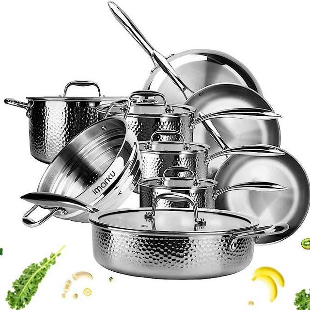 Stainless Steel Pots and Pans Set,imarku Kitchen Nonstick Cookware Sets,Tri-Ply Induction 14-Piece Cookware Essentials,Oven & Dishwasher Safe,Silver