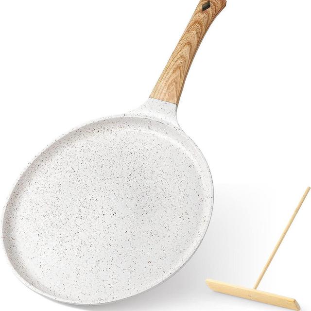 Zalnuuk Crepe Pan, 11 Inch Dosa Pan with Spreader, Nonstick Dosa Tawa for All Stove, Tortilla Pan with Detachable Handle, Cream White