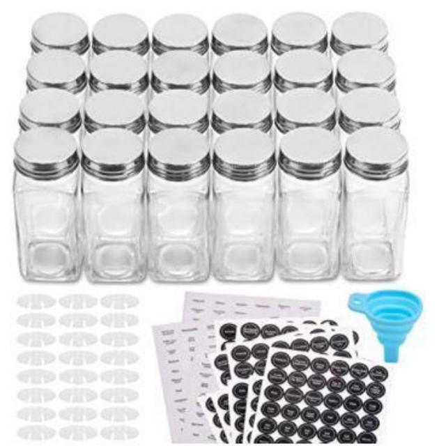 Aozita 24 Pcs Glass Spice Jars/Bottles - 4oz Empty Square Spice Containers with 810 Spice Labels - Shaker Lids and Airtight Metal Caps - Silicone Collapsible Funnel Included