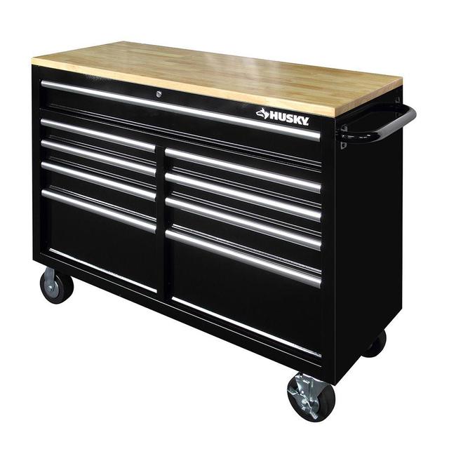 46 in. 9-Drawer Mobile Workbench with Solid Wood Top, Black