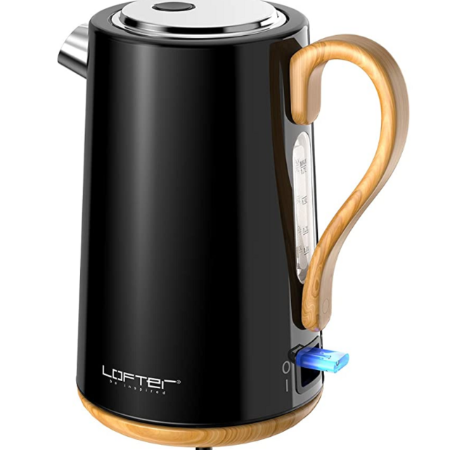 Electric Kettle, LOFTER 1.7L Double Wall Stainless Steel Tea Water Heater Boiler, BPA-Free Cool Touch Wooden Tea Kettle with Auto Shut-Off & Boil Dry Protection, Fast Boiling Heater with Overheating Protection, 1500W, Black